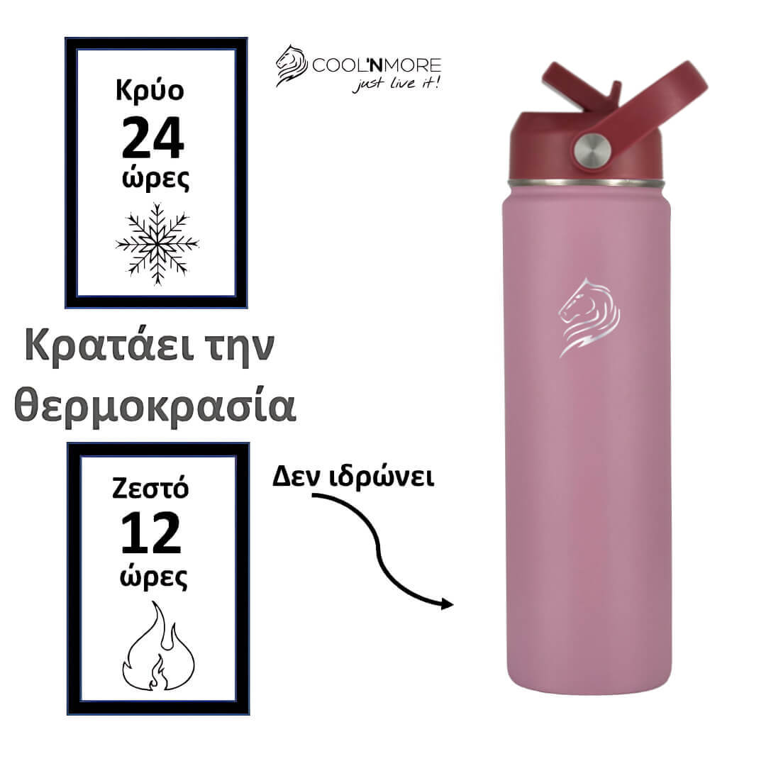 Coolnmore Luna παγουρι θερμος νερου 500ml 24 ωρες κρυο νερο.  Pink insulated bottle with a brand logo on a white, featuring text about temperature retention.