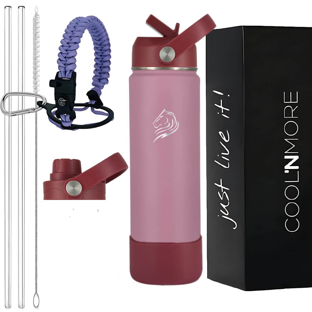 Coolnmore Luna παγουρι θερμος νερου 500ml με 7 αξεσουαρ και gift box. Pink water bottle with accessories and Cool'nMore packaging