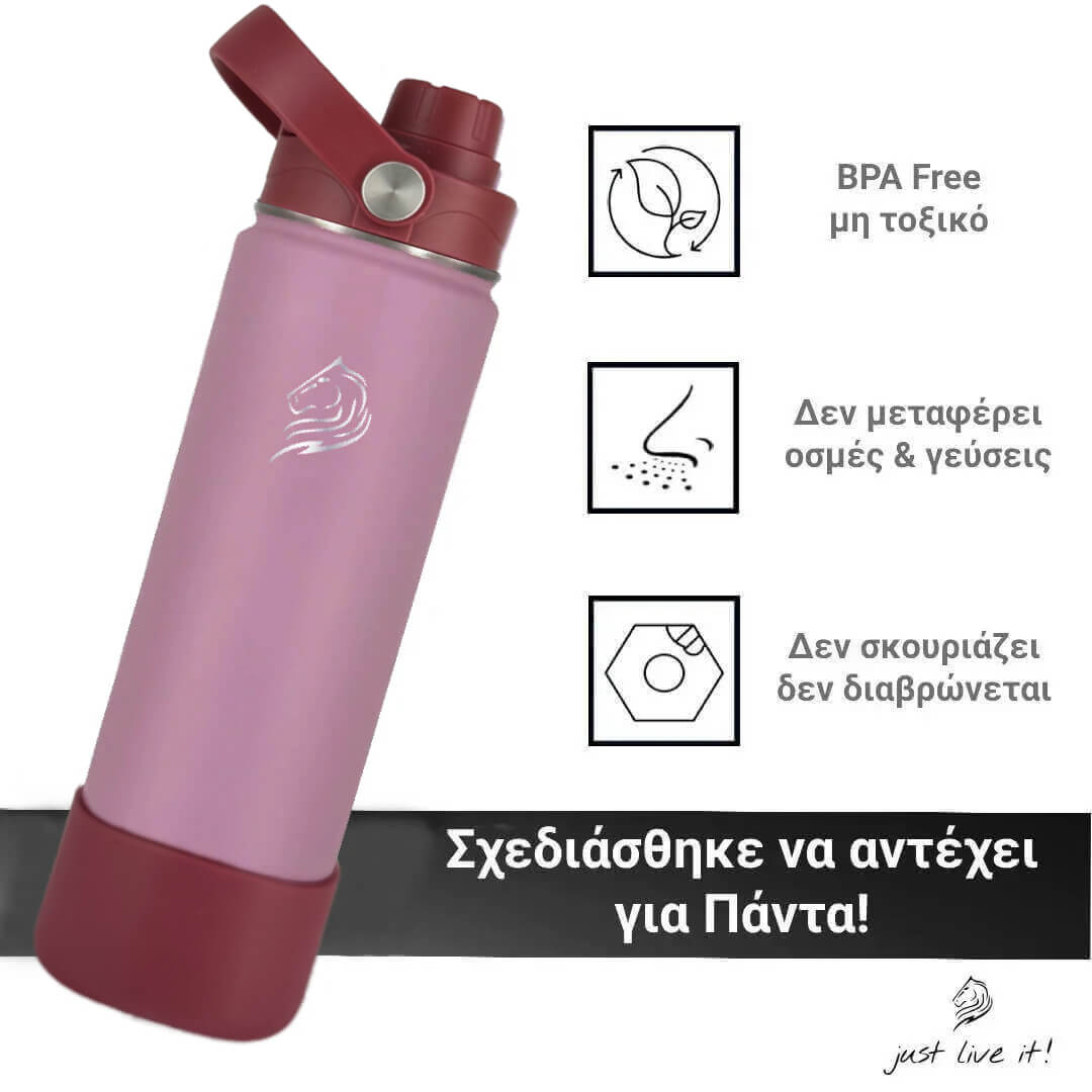 Coolnmore Luna παγουρι θερμος νερου 500ml bpa free.  Purple water bottle with red lid on a white background, featuring BPA-free and other safety icons.