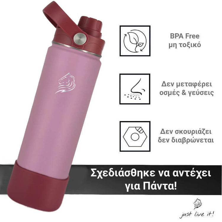 Coolnmore Luna παγουρι θερμος νερου 500ml bpa free.  Purple water bottle with red lid on a white background, featuring BPA-free and other safety icons.