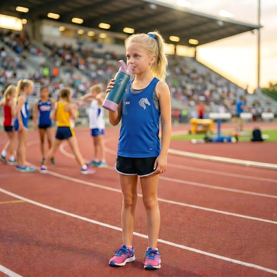 Young athlete holding a water bottle on a track and field stadium, Coolnmore Flow παγουρι θερμος 500ml