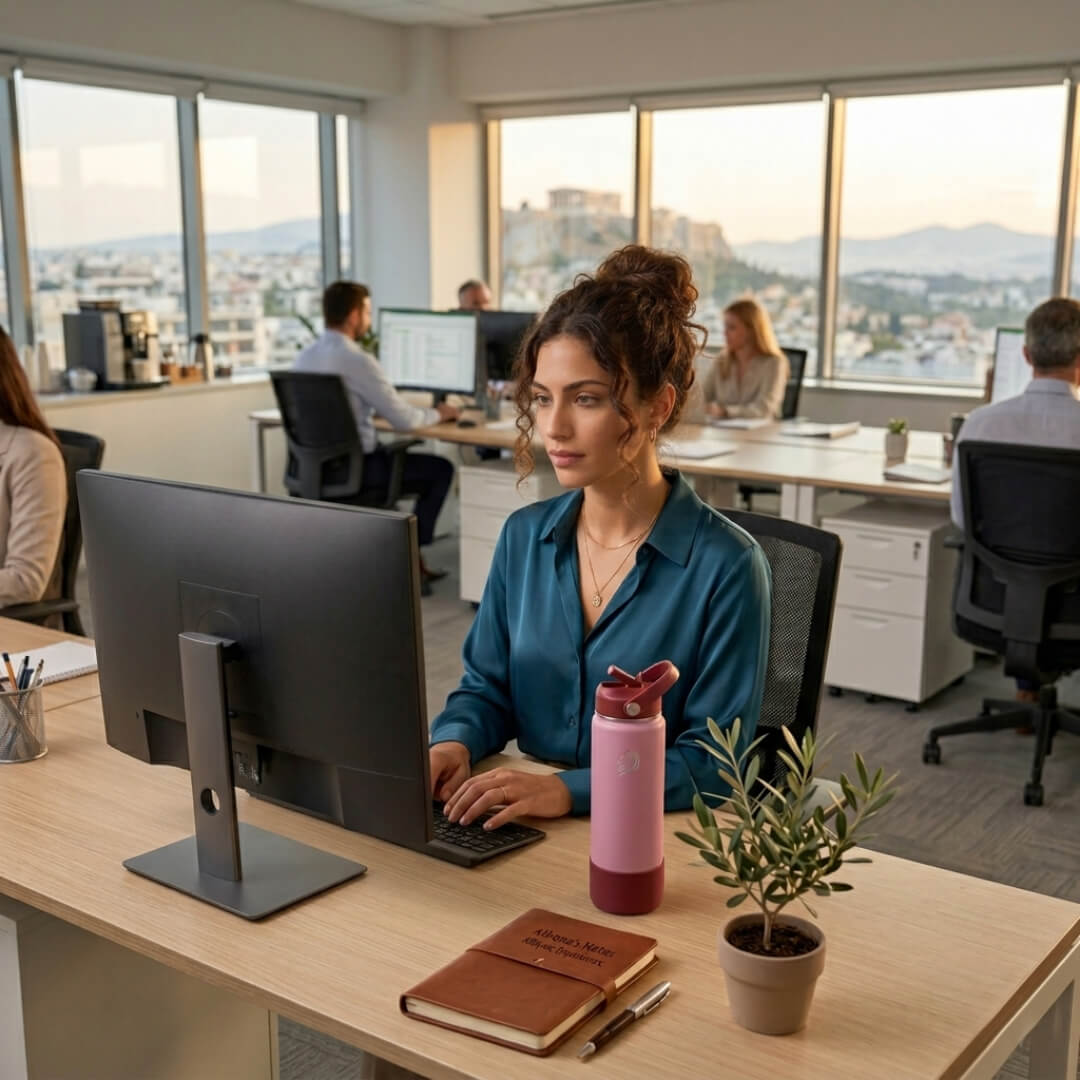 Woman working at a desk in an office with large windows, με Coolnmore Luna παγουρι θερμος νερου 500ml στο γραφειο