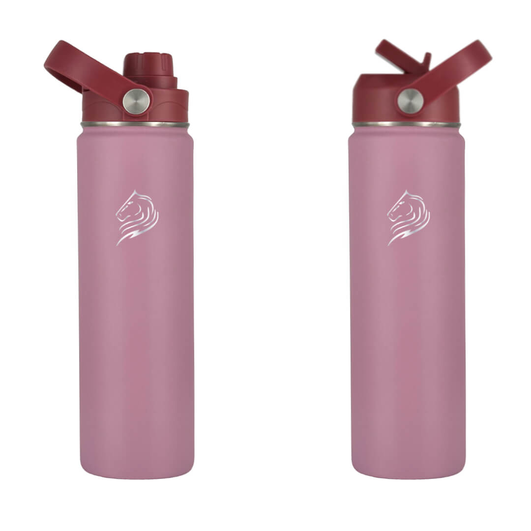 Two purple water bottles with red lids on a white background, with 2 different lids. Coolnmore Luna παγουρι θερμος νερου 500ml με καλαμακι