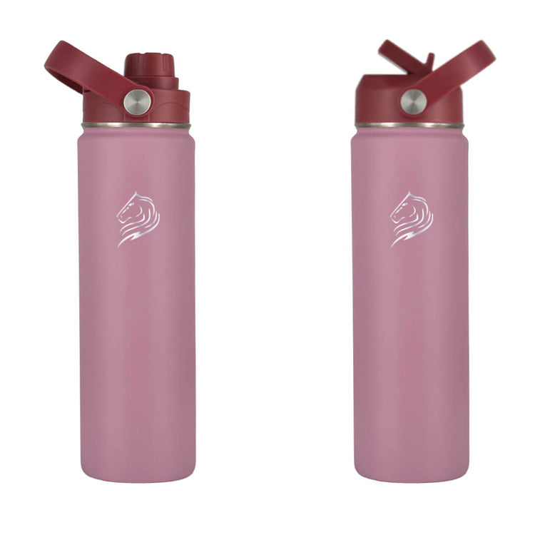 Two purple water bottles with red lids on a white background, with 2 different lids. Coolnmore Luna παγουρι θερμος νερου 500ml με καλαμακι