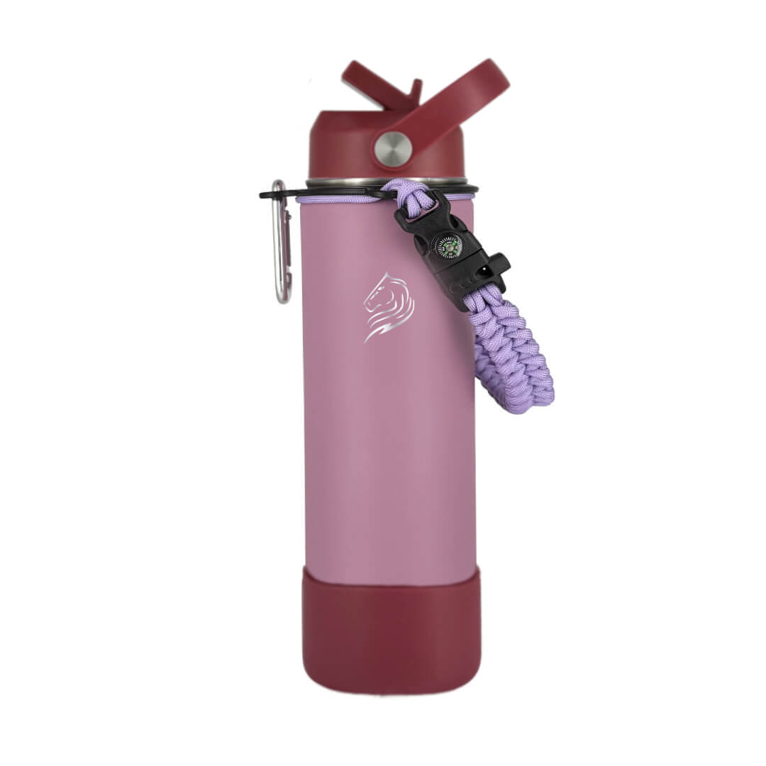 Coolnmore Luna παγουρι θερμος νερου 500ml με λαβη paracord και γαντζο.  Purple water bottle with a purple strap and carabiner on a white background