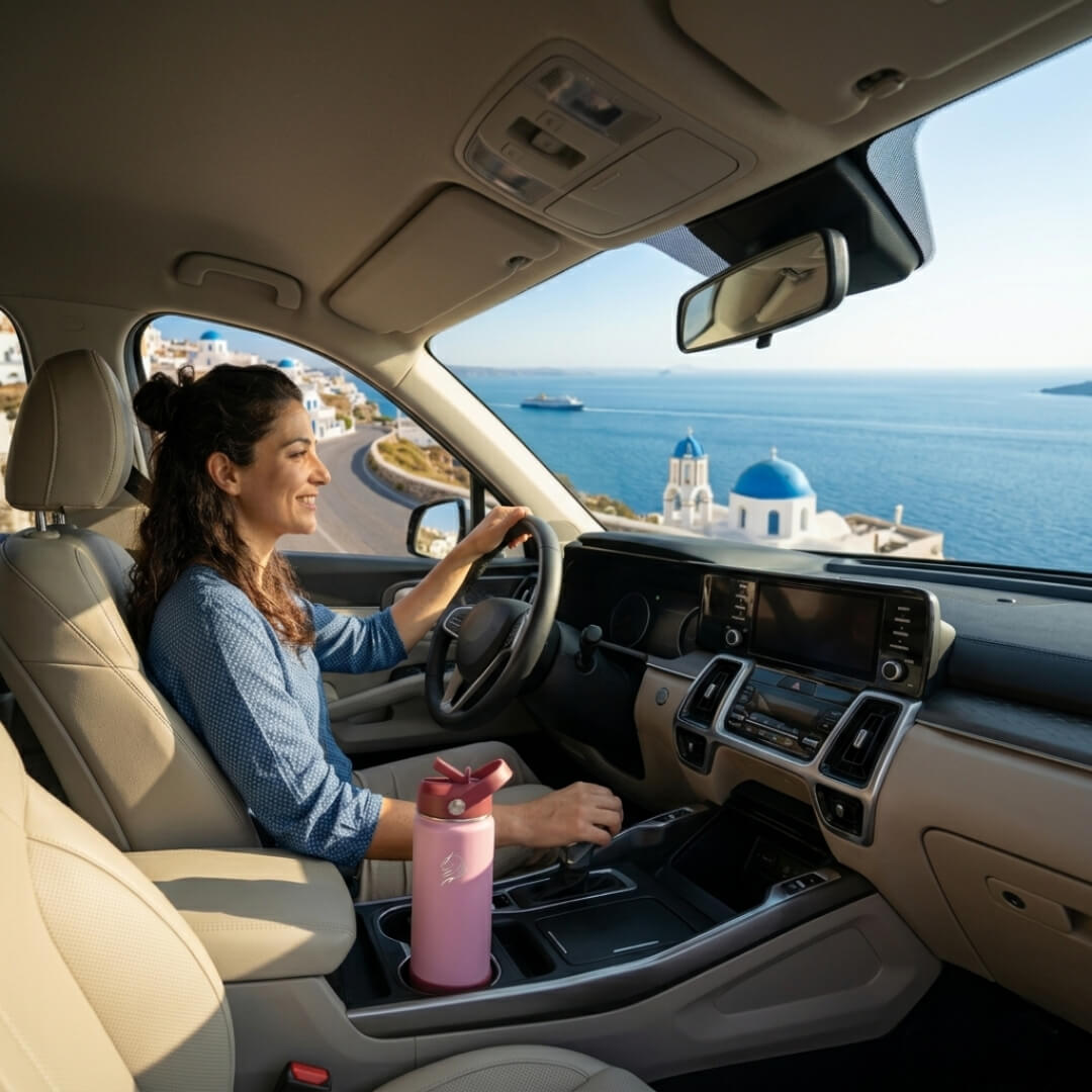 Woman driving a car with a scenic view of the ocean and buildings. Coolnmore Luna παγουρι θερμος νερου 500ml στην ποτηροθηκη