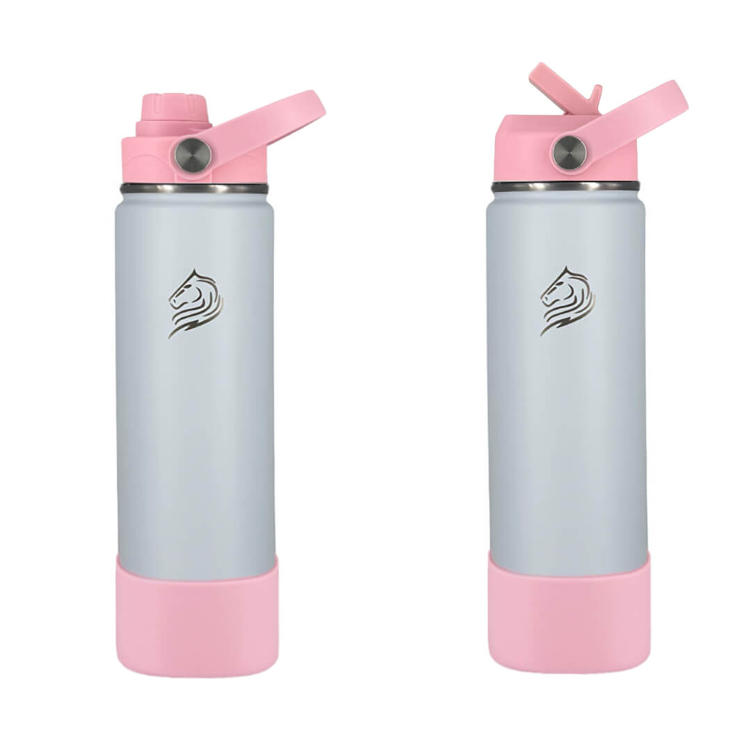 Coolnmore Lush θερμός νερου και καφε  500ml με 2 καπακια και βαση σιλικονης. Two light blue and pink water bottles with a logo on a white background