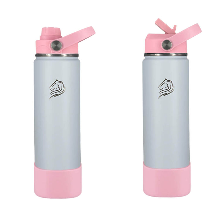 Coolnmore Lush θερμός νερου και καφε  500ml με 2 καπακια και βαση σιλικονης. Two light blue and pink water bottles with a logo on a white background