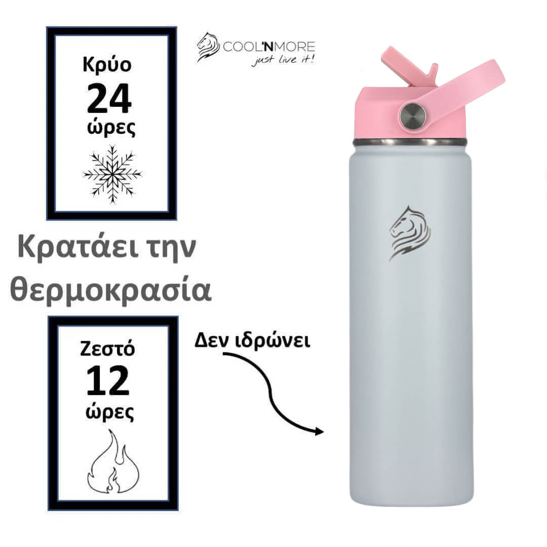 Gray water bottle with pink lid on a white background, featuring Coolnmore branding. Coolnmore Lush θερμός νερου και καφε για 24 ωρες παγωμενο νερο