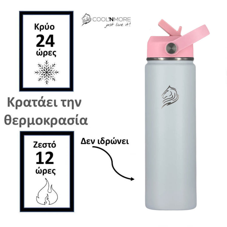 Gray water bottle with pink lid on a white background, featuring Coolnmore branding. Coolnmore Lush θερμός νερου και καφε για 24 ωρες παγωμενο νερο