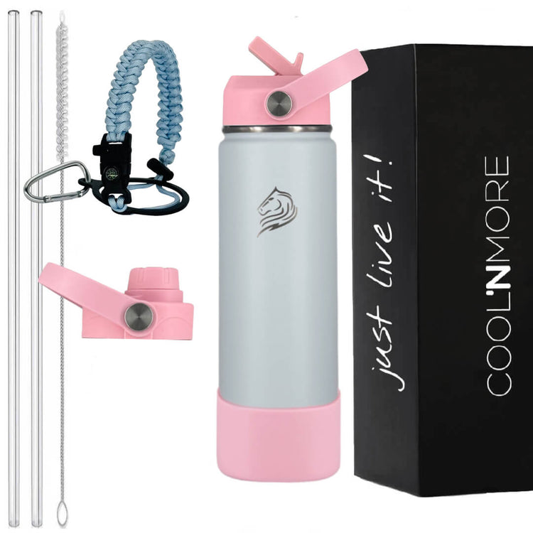 Coolnmore Lush θερμός νερου και καφε με 7 αξεσουαρ. Pink and light blue water bottle with accessories and 'COOL'N'MORE' branding.