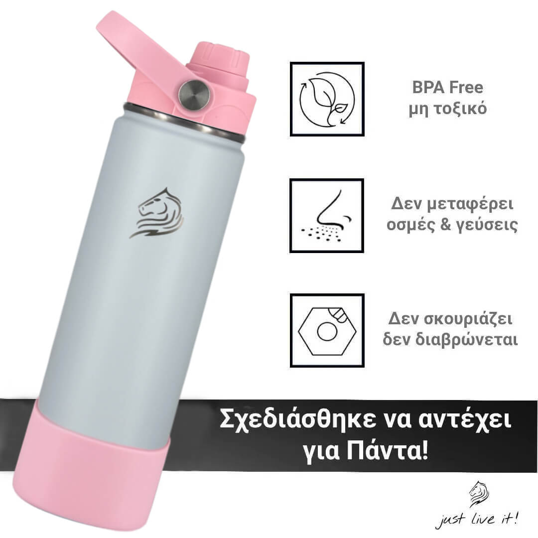 Coolnmore Lush θερμός νερου και καφε bpa free.  light blue and pink water bottle with features highlighted on a white background