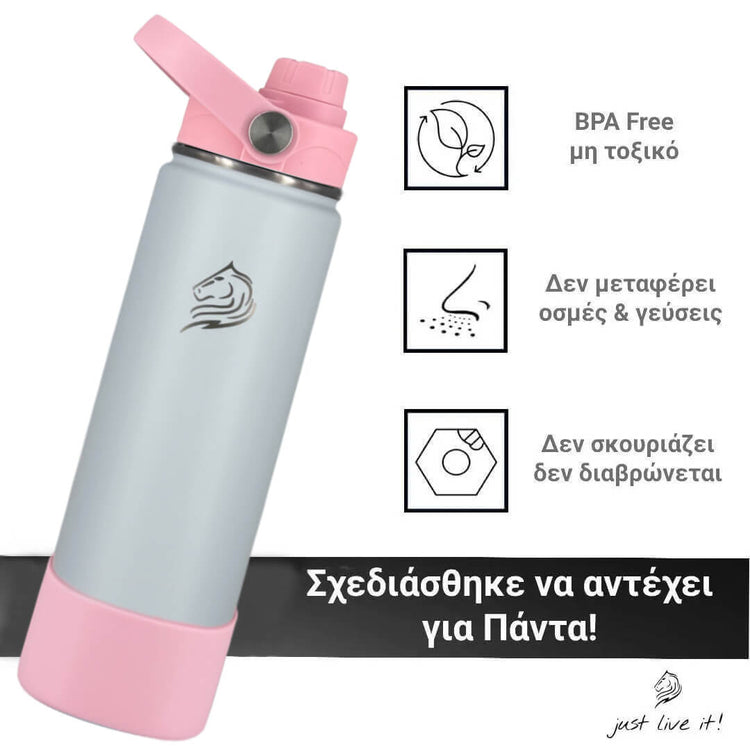 Coolnmore Lush θερμός νερου και καφε bpa free.  light blue and pink water bottle with features highlighted on a white background