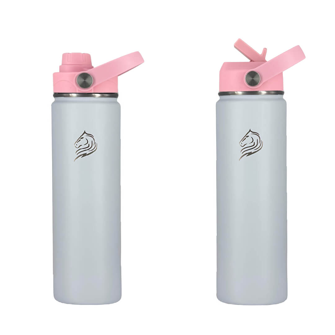Two light blue water bottles with pink lids on a white background.Coolnmore Lush θερμός νερου και καφε με 2 διαφορετικα καπακια.