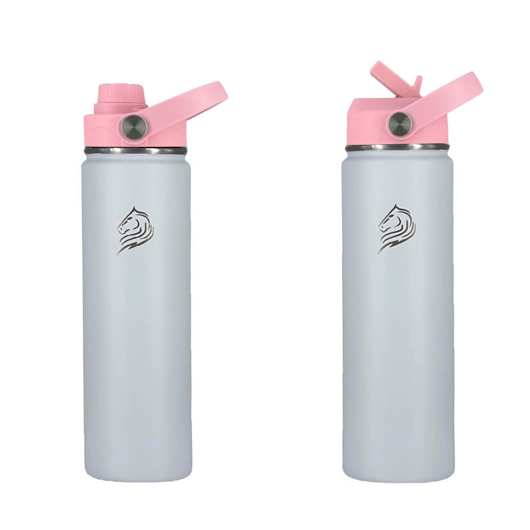 Two light blue water bottles with pink lids on a white background.Coolnmore Lush θερμός νερου και καφε με 2 διαφορετικα καπακια.
