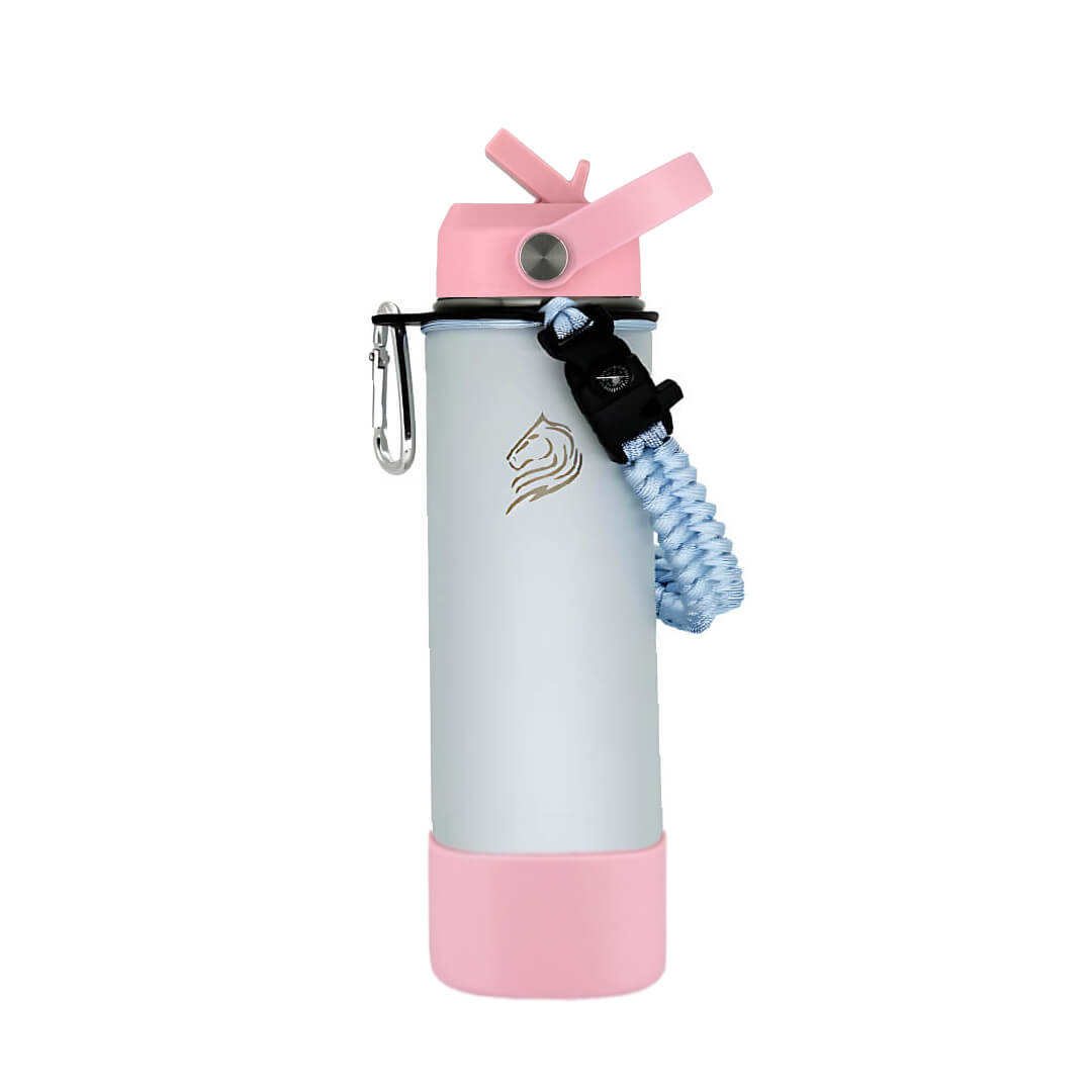 Coolnmore Lush θερμός νερου και καφε με paracord και γαντζο.  Pink and light blue water bottle with a coiled leash on a white background