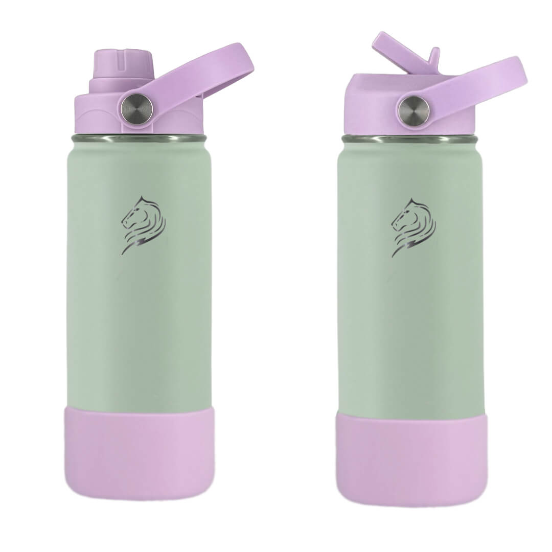Coolnmore Mino θερμος νερου 350ml με 2 καπακια και βαση σιλικονης.  Two green water bottles with purple   on a white background