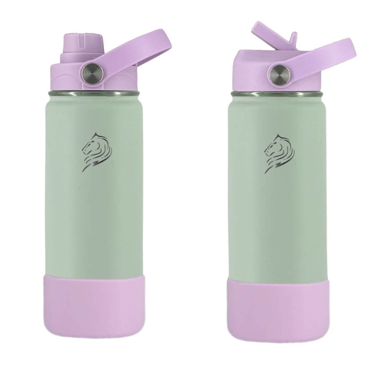 Coolnmore Mino θερμος νερου 350ml με 2 καπακια και βαση σιλικονης.  Two green water bottles with purple   on a white background