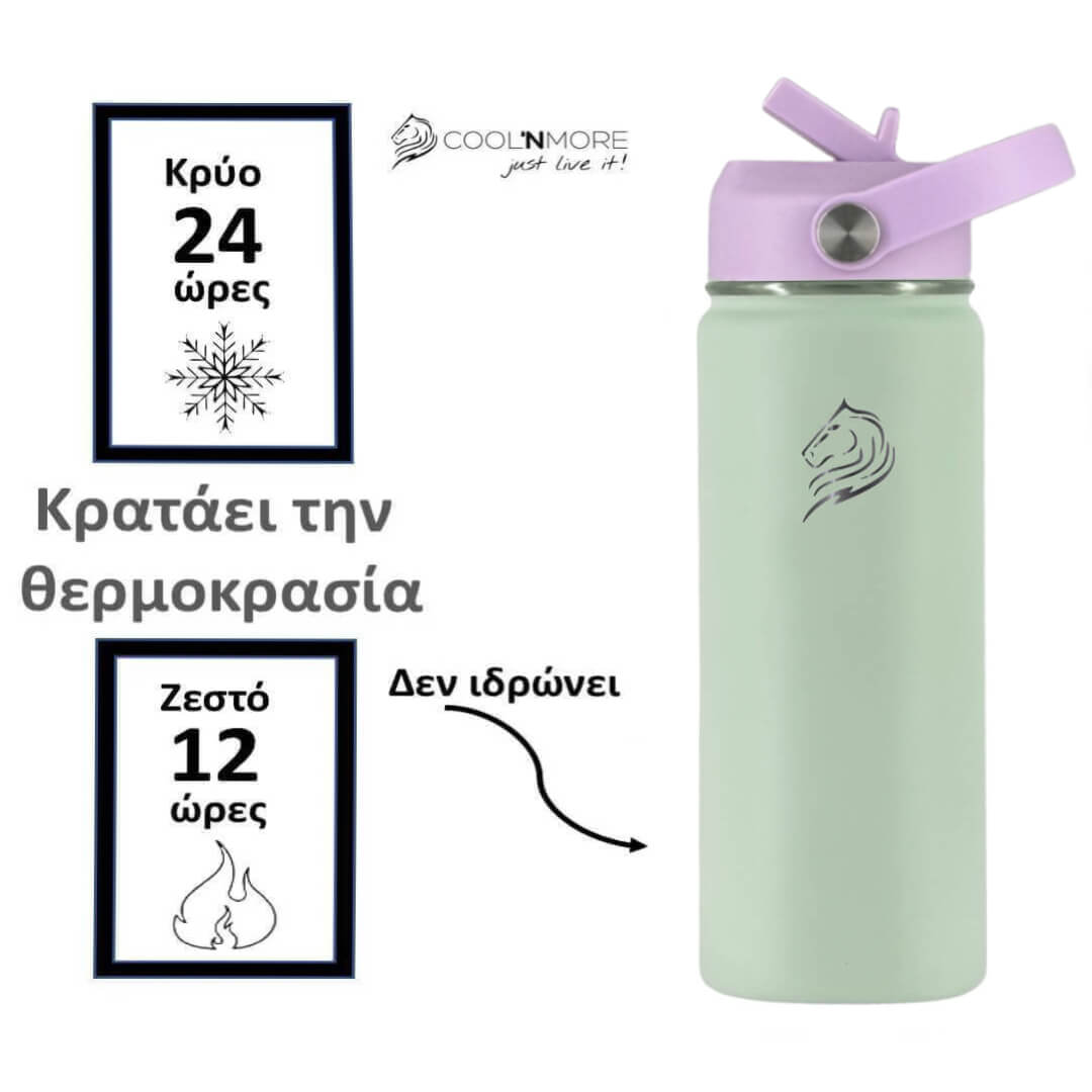 Green and purple insulated bottle with temperature display text and Coolnmore branding. Coolnmore Mino θερμος νερου 350ml 