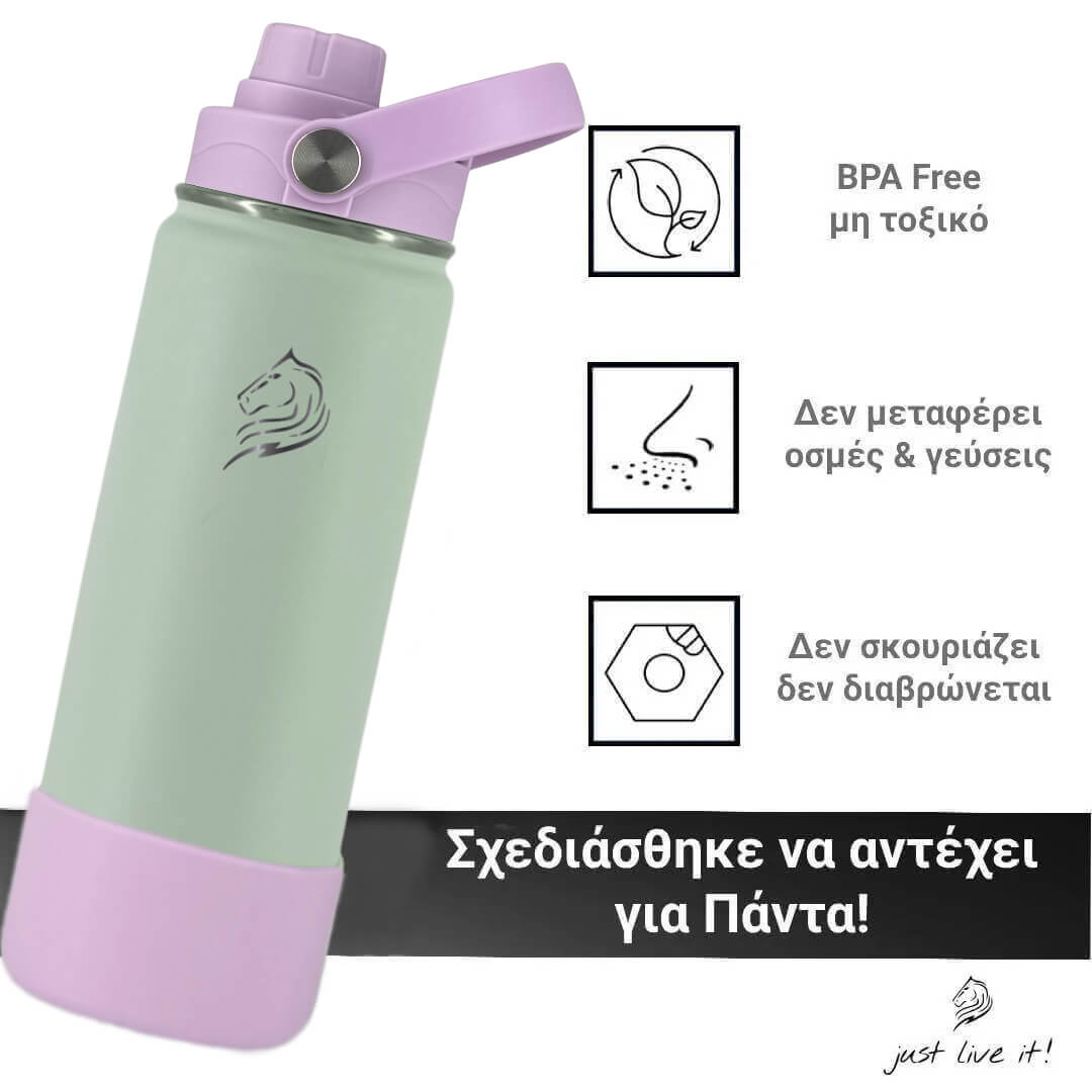 Coolnmore Mino θερμος νερου 350ml bpa free. Green and purple water bottle with branding and text on a white background