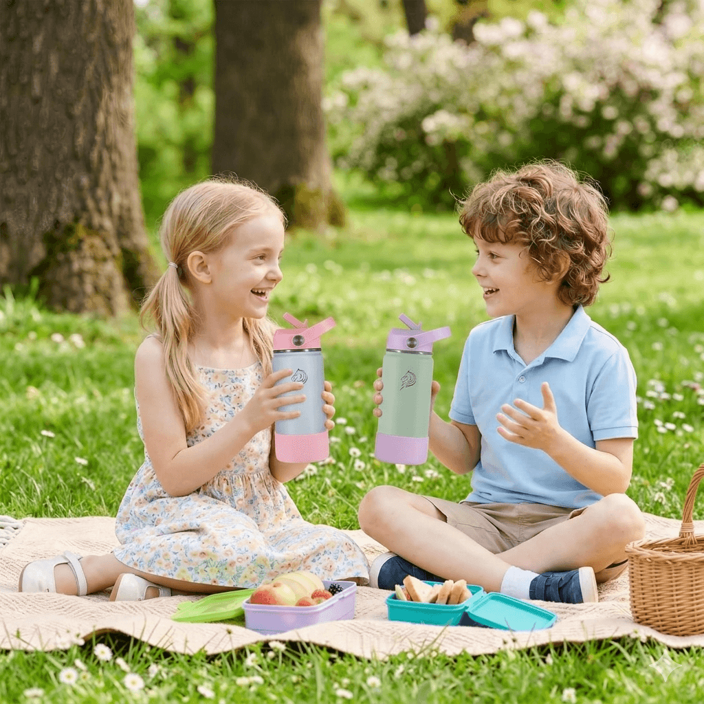 Two children sitting on a picnic blanket outdoors, holding pink and green water bottles. Coolnmore Mino παιδικο παγουρι θερμος νερου 350ml. 