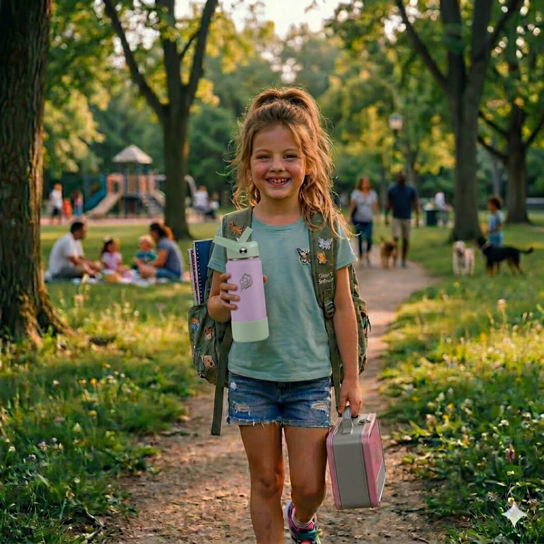 Young girl walking outdoors in a park holding books and a water bottle Coolnmore Mino παιδικο παγουρι θερμος νερου 350ml. 