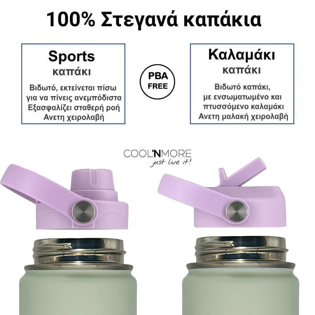 Two bottles with purple lids on a white background, featuring text about bottle types and Coolnmore branding. Coolnmore Mino θερμος νερου 350ml  με 2 διαφορετικα καπακια