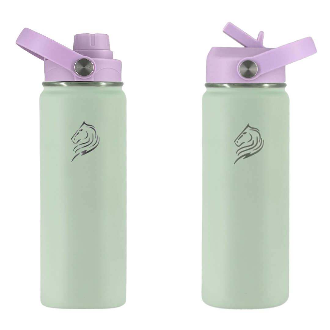 Coolnmore Mino θερμος νερου 350ml. παγουρι θερμος με 2 καπακια. Two light green water bottles with purple lids on a white background