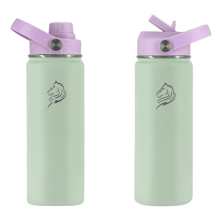 Coolnmore Mino θερμος νερου 350ml. παγουρι θερμος με 2 καπακια. Two light green water bottles with purple lids on a white background