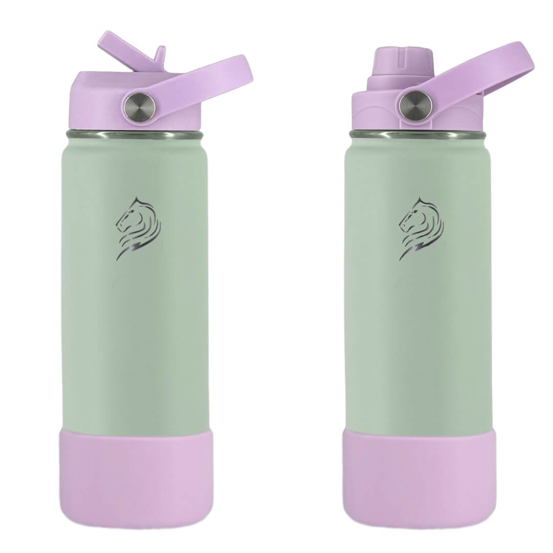 Coolnmore Mino θερμος νερου 500ml με 2 καπακια και βαση σιλικονης.  Two green water bottles with purple   on a white background
