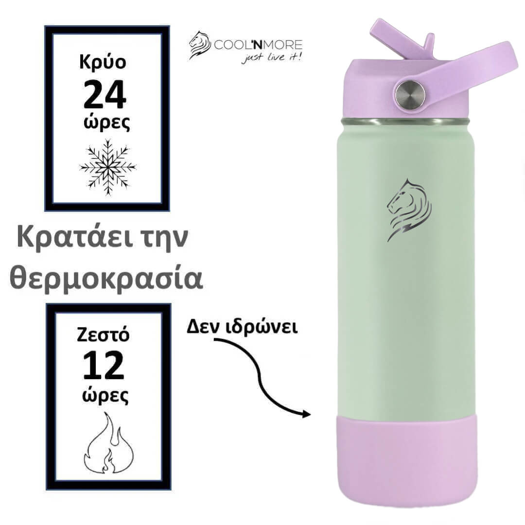 Green and purple insulated bottle with temperature display text and Coolnmore branding. Coolnmore Mino θερμος νερου 500ml 