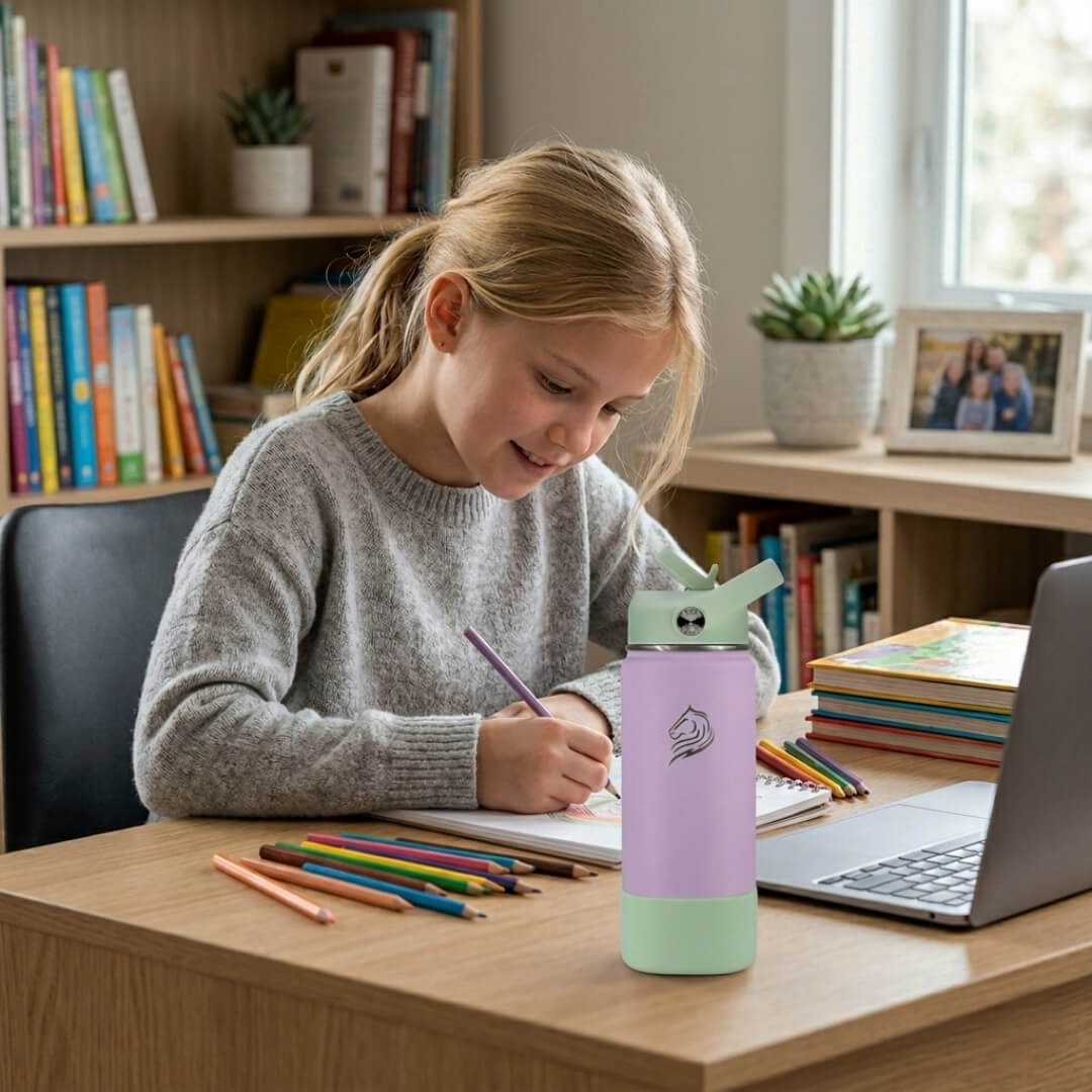 Coolnmore Mino παιδικο παγουρι θερμος νερου 500ml. Child sitting at a desk with a laptop, coloring book, and colorful pencils, with a purple and green water bottle in front.