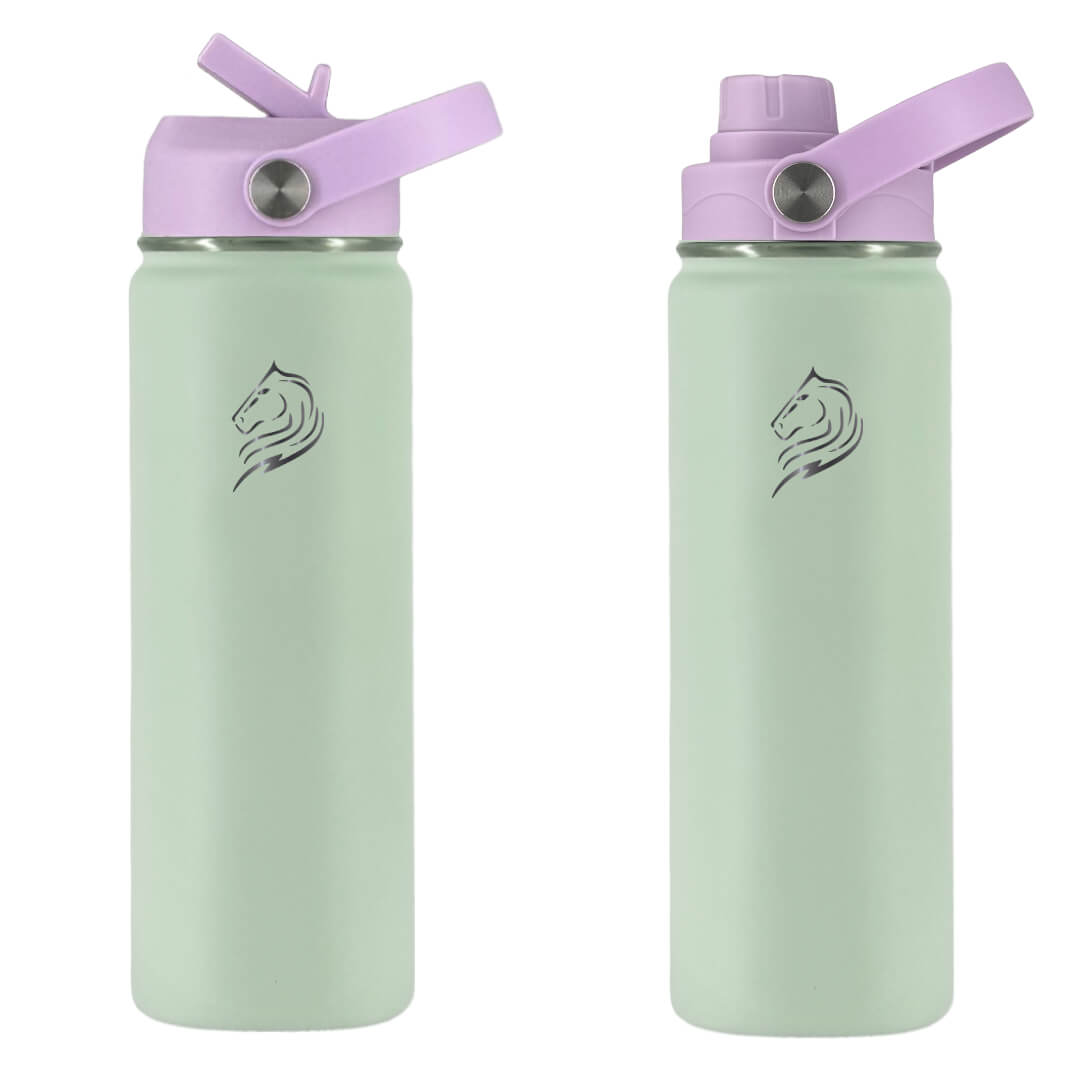 Coolnmore Mino θερμος νερου 500ml. παγουρι θερμος με 2 καπακια. Two light green water bottles with purple lids on a white background