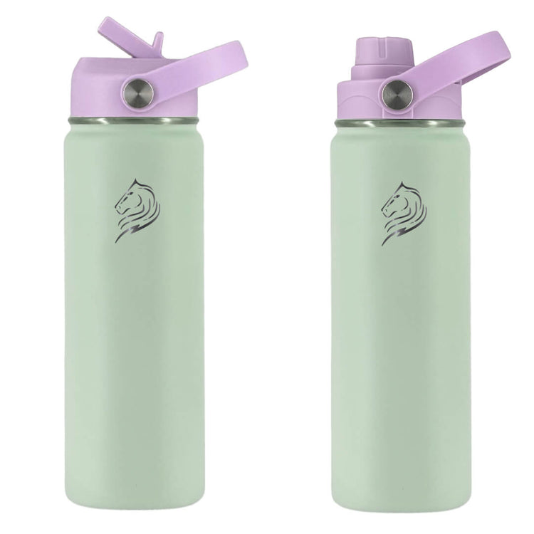 Coolnmore Mino θερμος νερου 500ml. παγουρι θερμος με 2 καπακια. Two light green water bottles with purple lids on a white background