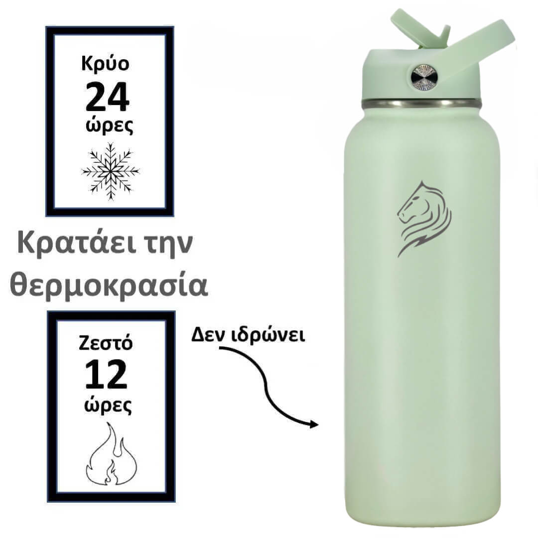 Coolnmore θερμος νερου 1 λιτρου με καλαμακι. Light green thermos bottle with straw lid on a white background, featuring temperature text and icons.