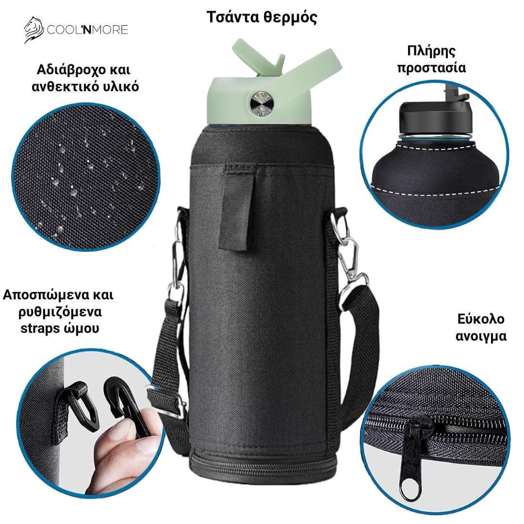 Black insulated bottle holder with features highlighted, including a water bottle, straps, and a zipper. για το  Coolnmore θερμος νερου 1 λιτρου με καλαμακι. 