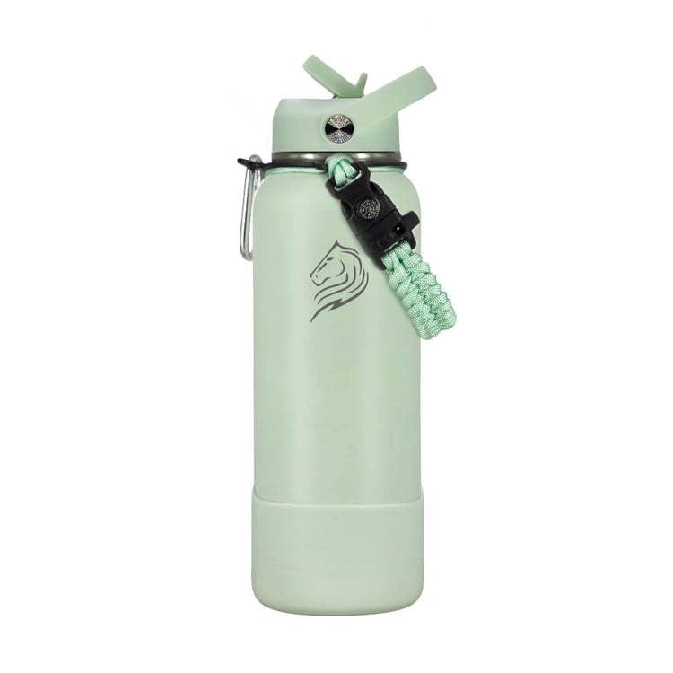 Coolnmore θερμος νερου 1 λιτρου με καλαμακι.  Mint green water bottle with a paracord and a carabiner on a white background