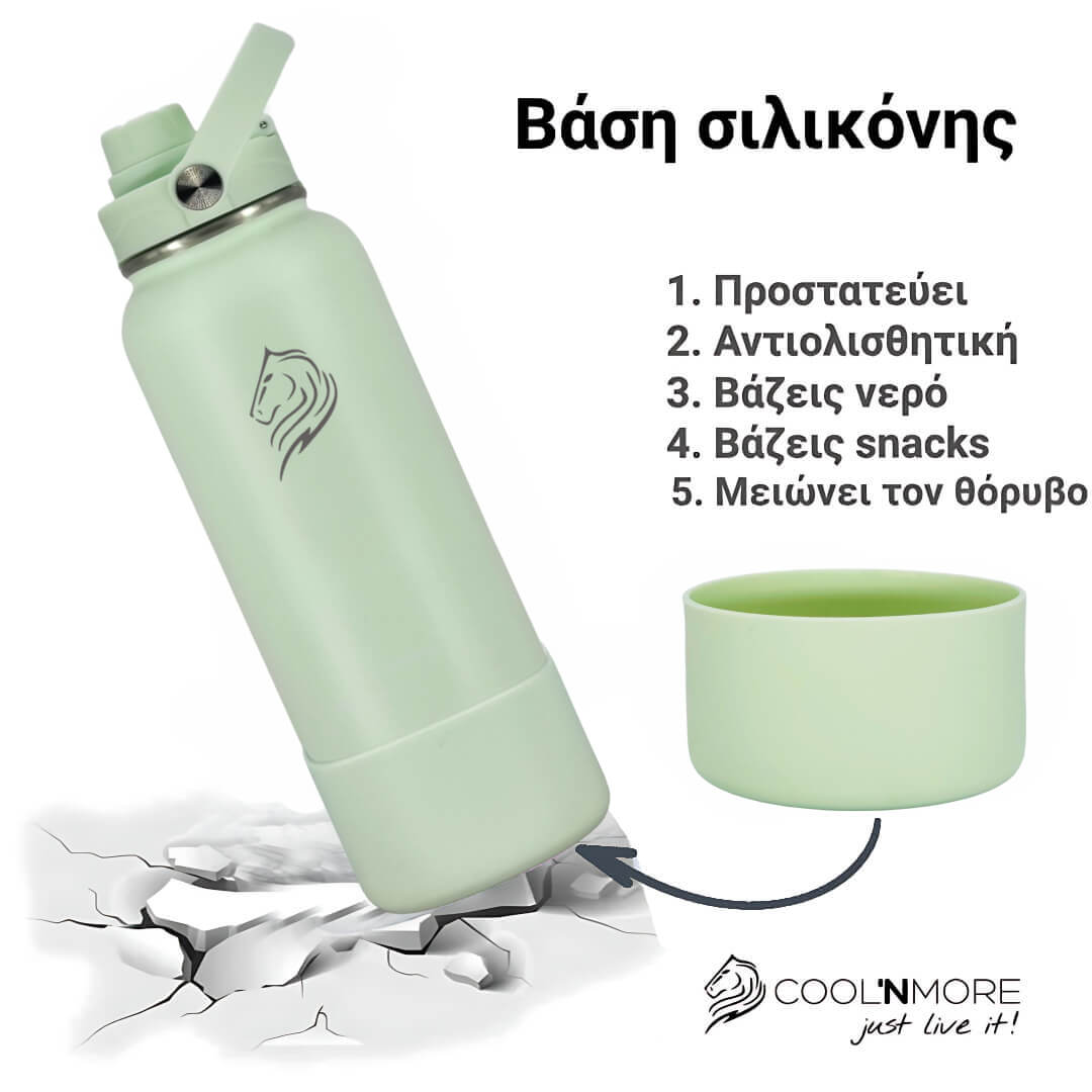 Coolnmore θερμος νερου 1 λιτρου με καλαμακι.  Green water bottle 1lt with silicone base and text on a white background 
