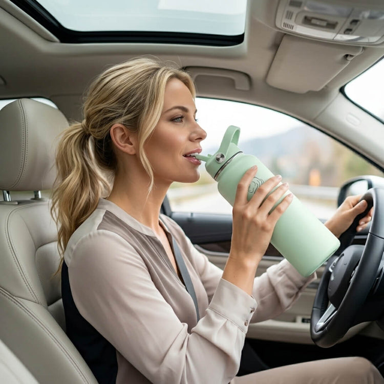 Woman drinking from a green water bottle inside a car. Coolnmore θερμος νερου 1 λιτρου με καλαμακι. 