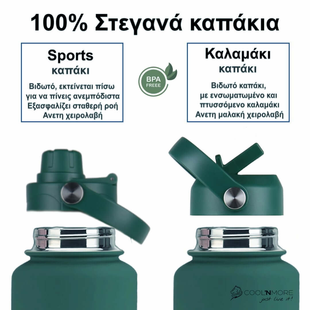 coolnmore moss green μπουκαλι θερμος 1.5 λιτρο με καπακι καλαμακι και sports καπακι
