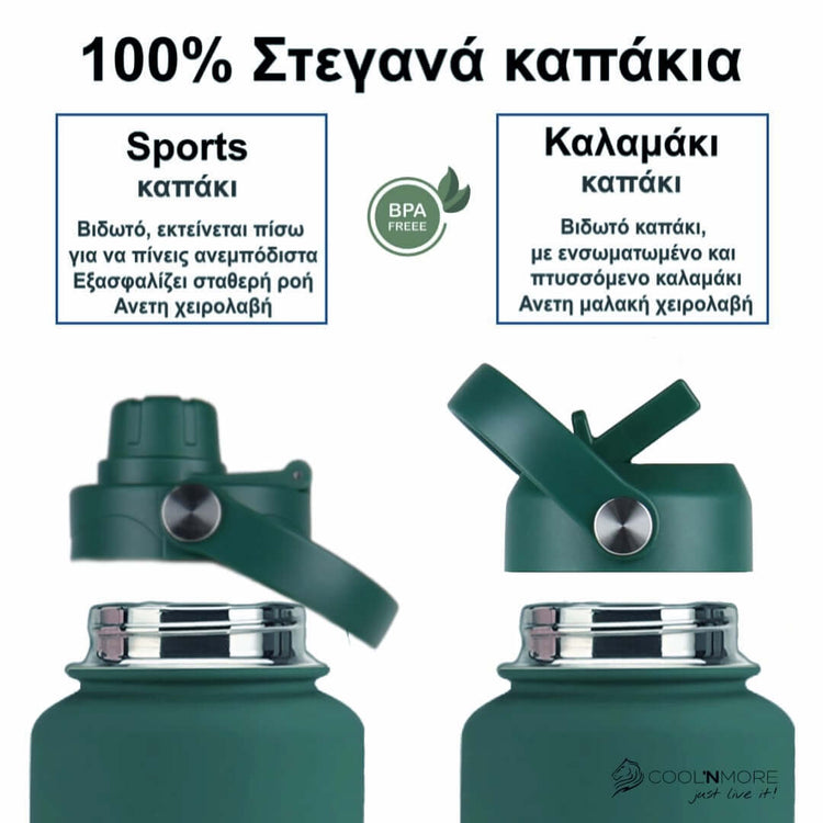 coolnmore moss green μπουκαλι θερμος 1.5 λιτρο με καπακι καλαμακι και sports καπακι