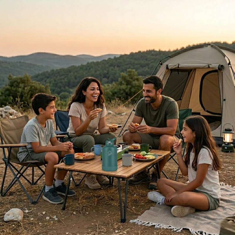 Family of four enjoying a picnic by their tent in a scenic outdoor setting with their coolnmore bottle 1.5 lt 