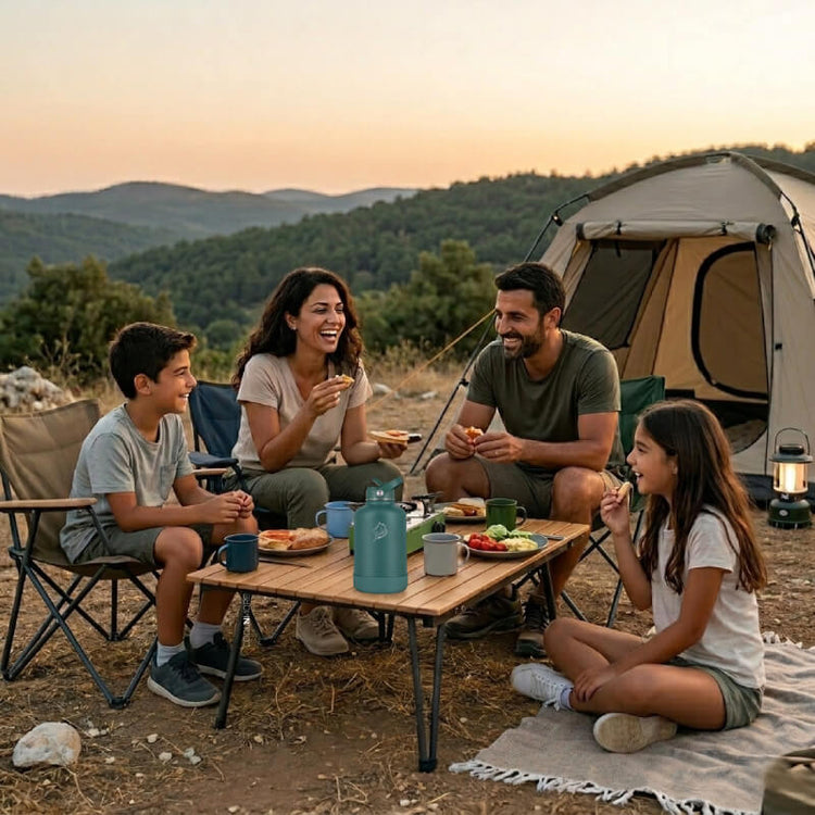 Family of four enjoying a picnic by their tent in a scenic outdoor setting with their coolnmore bottle 1.5 lt 
