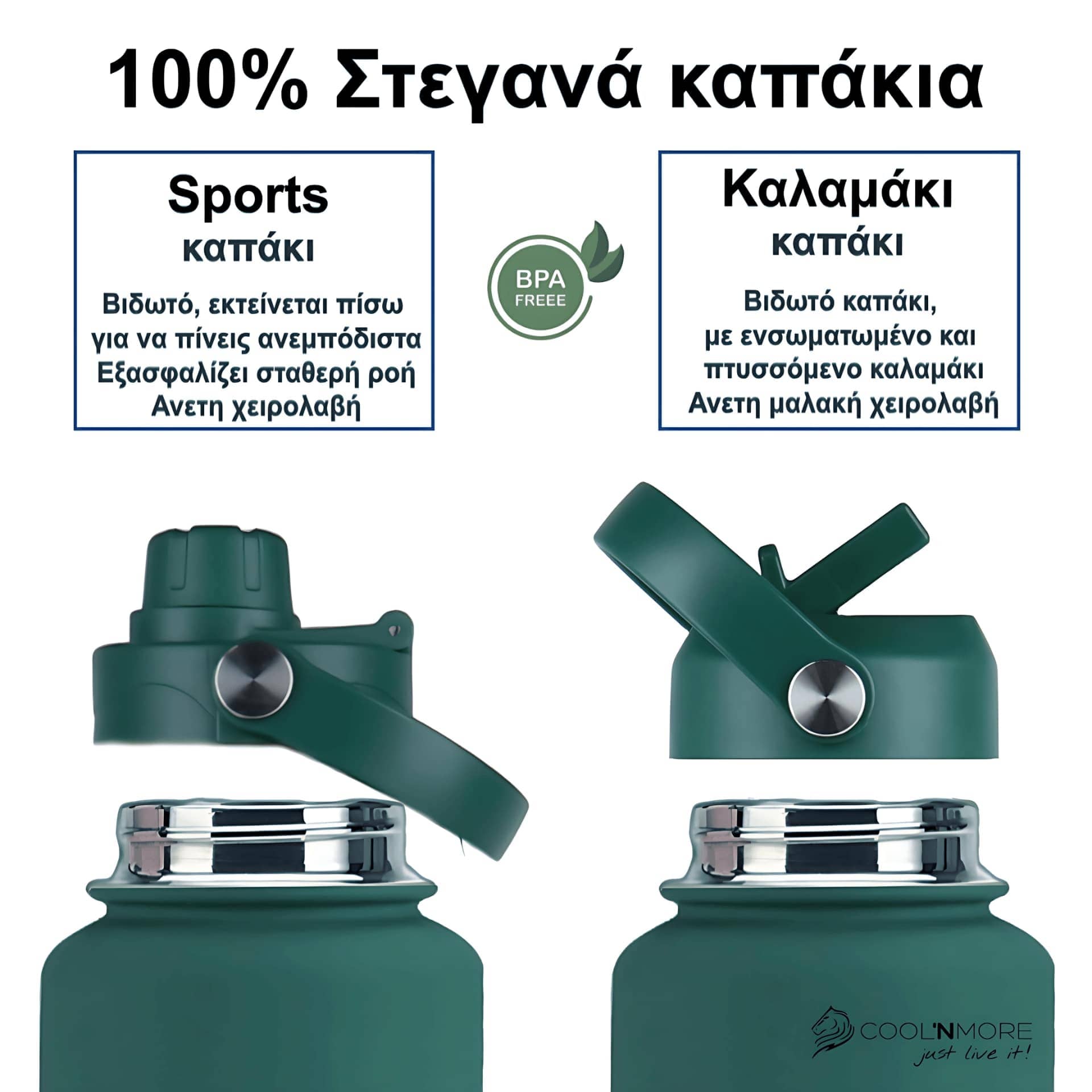 Coolnmore θερμος 1200ml με 2 διαφορετικα καπακια. Green water bottles with different lids on a white background, featuring text in Greek.