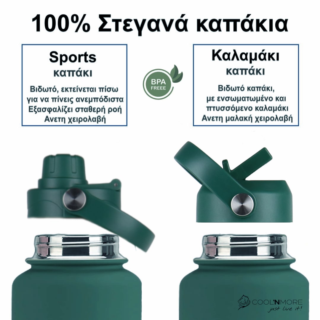 coolnmore moss green θερμος 500ML με δυο 100% στεγανα καπακια