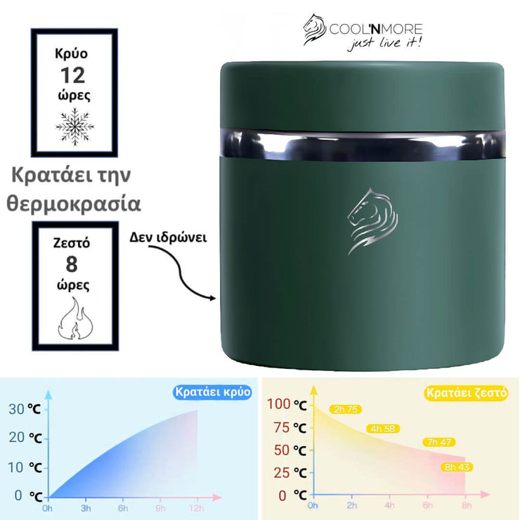 Θερμός φαγητού Coolnmore moss green 600ml: Κρατήστε το φαγητό σας ζεστό έως 8ώρες ή κρύο έως 12 ώρες με το ανοξείδωτο δοχείο φαγητού. 