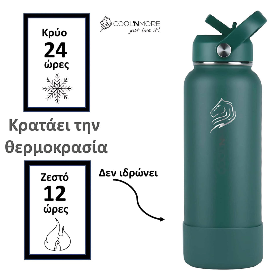 coolnmore moss green θερμος 1 λιτρο, διατηρει τα ροφήματα κρυα εως 24 ωρες και ζεστα εως 12 ωρες