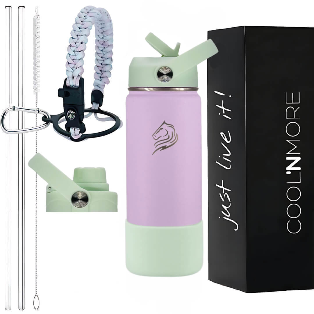 Το Coolnmore Nook θερμος 350ml με 7 αξεσουαρ και gift box. Purple and green water bottle with accessories and 'Cool'n'More' packaging.
