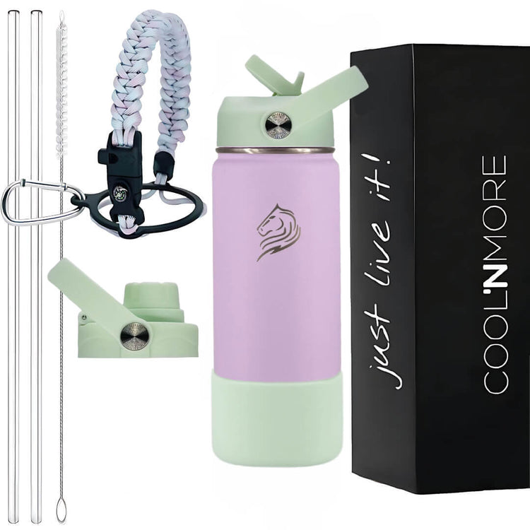 Το Coolnmore Nook θερμος 350ml με 7 αξεσουαρ και gift box. Purple and green water bottle with accessories and 'Cool'n'More' packaging.