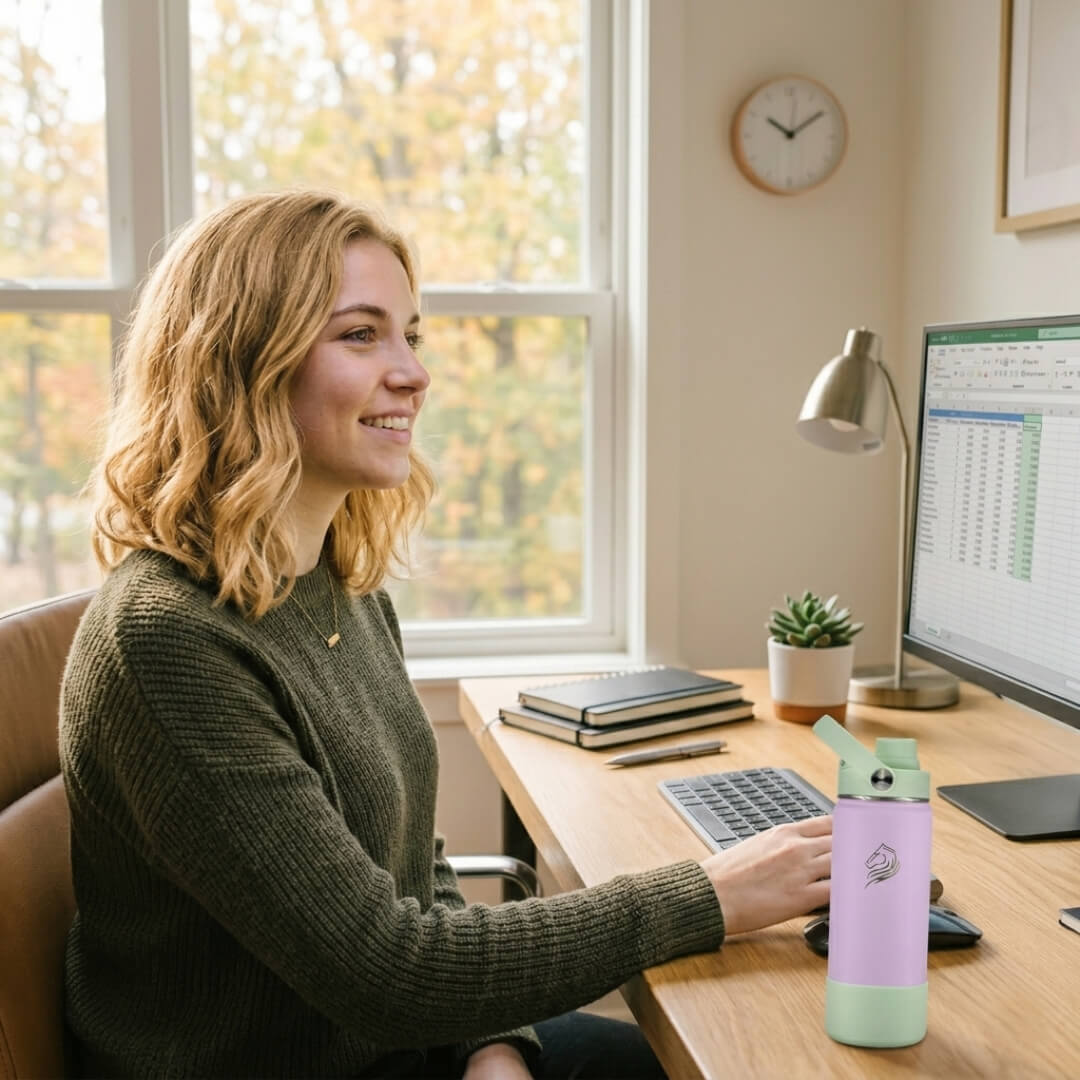 Woman sitting at a desk with a computer, holding a pink and green water bottle. Το Coolnmore Nook θερμος 500ml με καλαμακι και sports καπακι. 